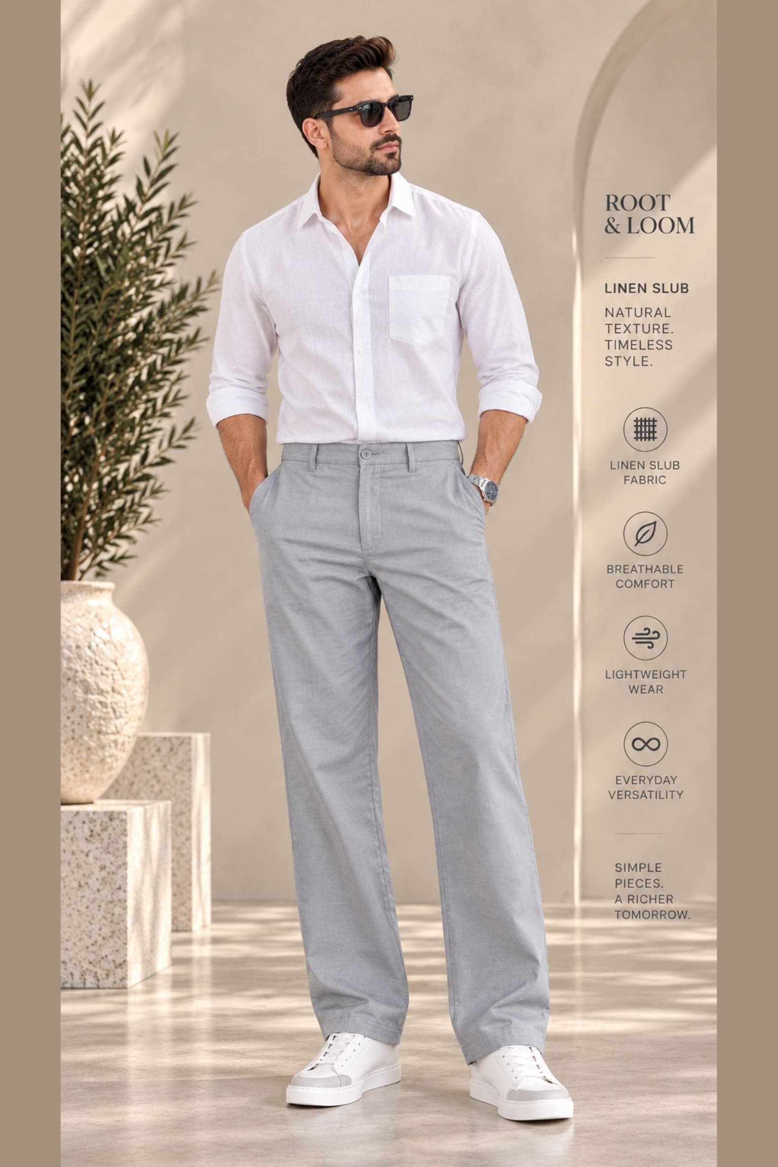 Men Relaxed Grey Pure Linen Trousers