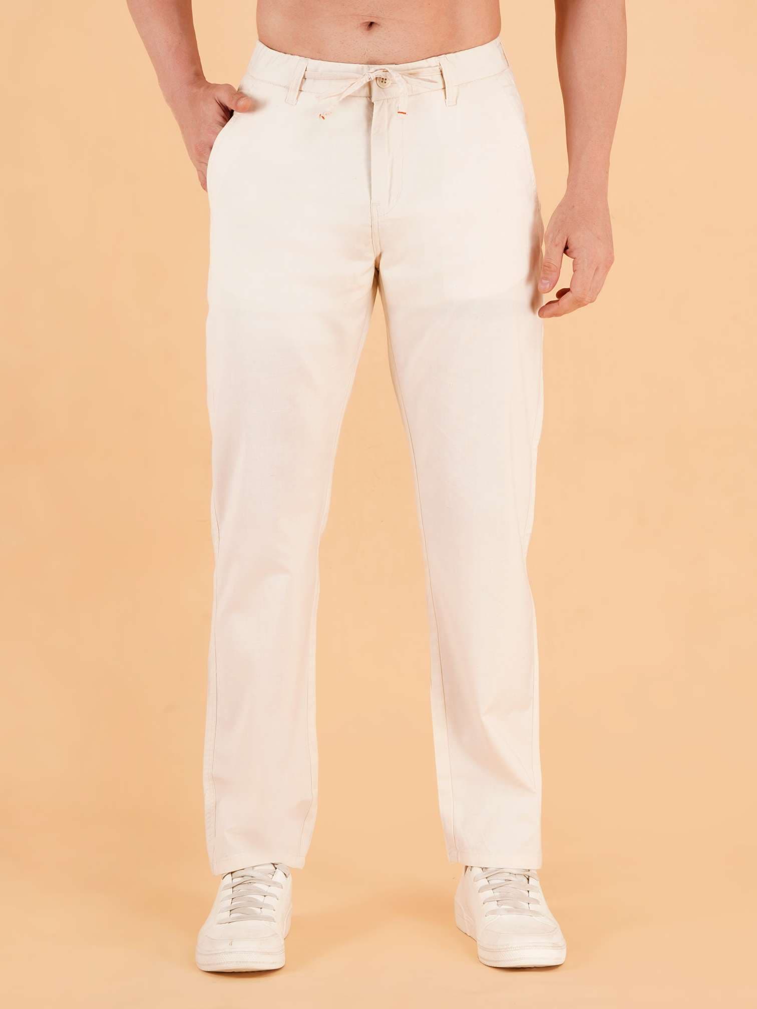 Men Regular Fit Beige Pure Cotton Trousers