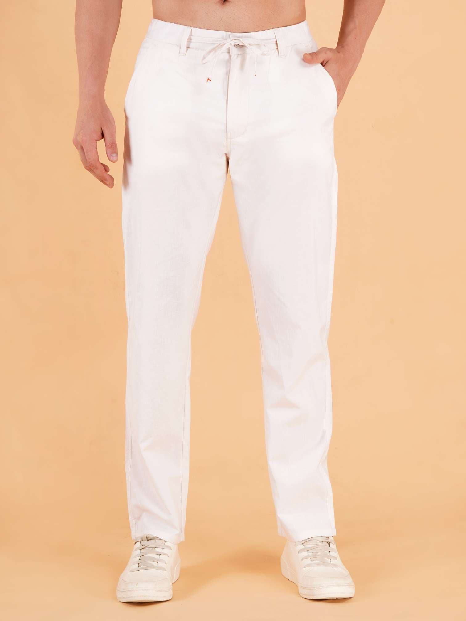 Men Regular Fit White Pure Cotton Trousers