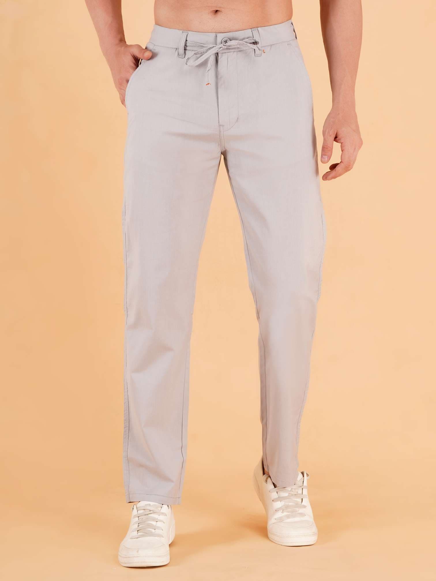 Men Regular Fit Grey Pure Cotton Trousers