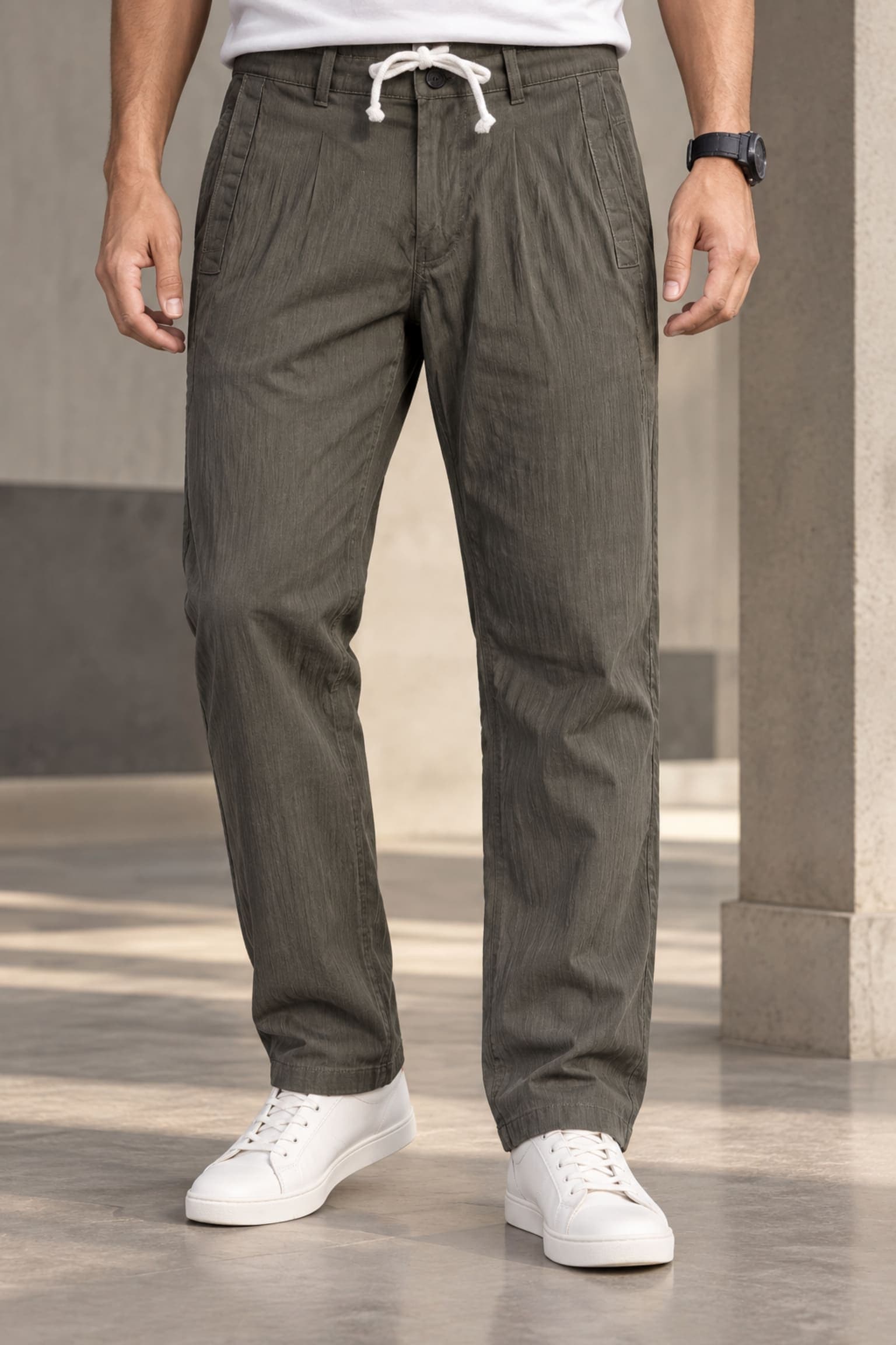 Men Relaxed Dark Green Linen Blend Trousers