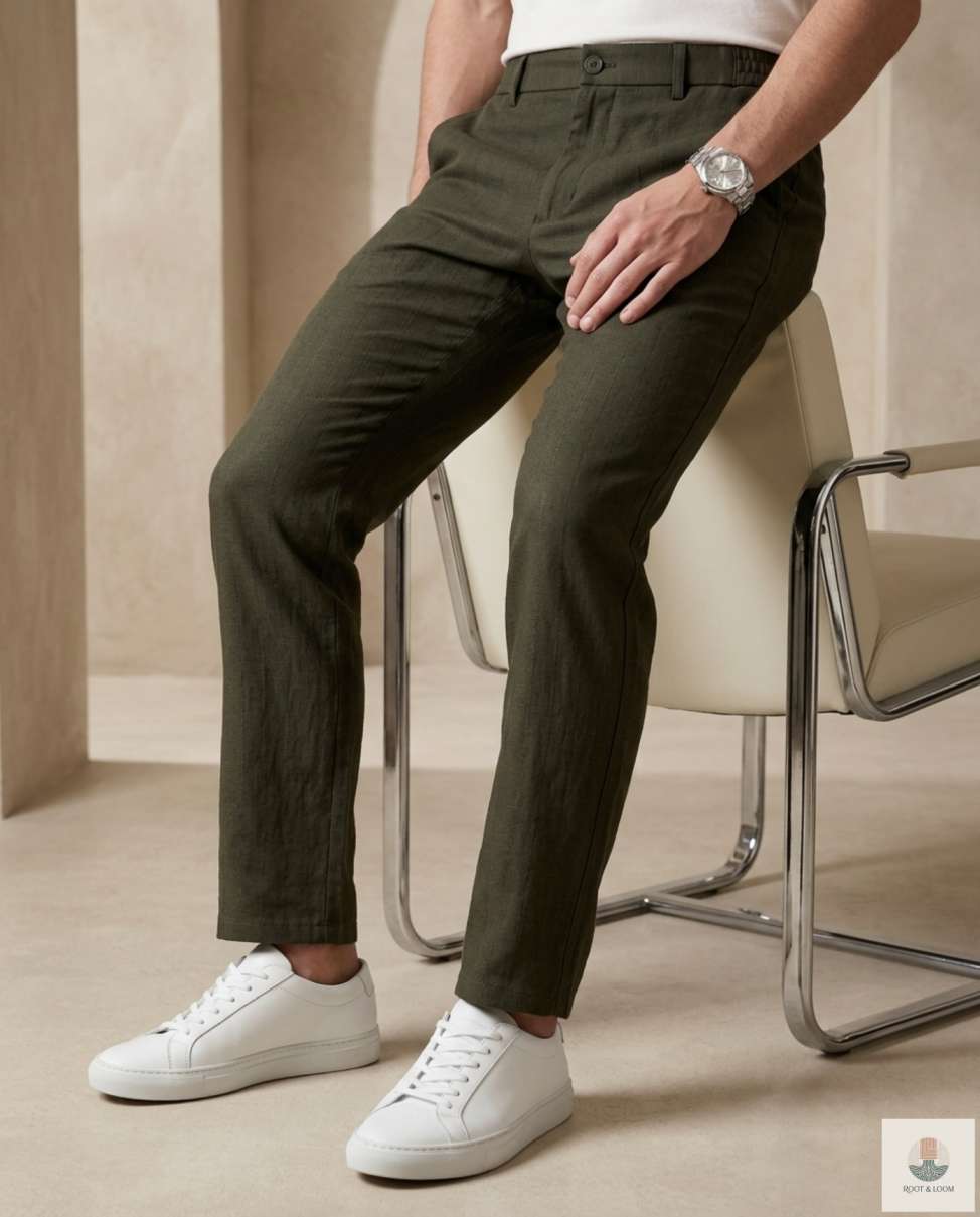 Men Regular Fit Dark Green Pure Cotton Trousers