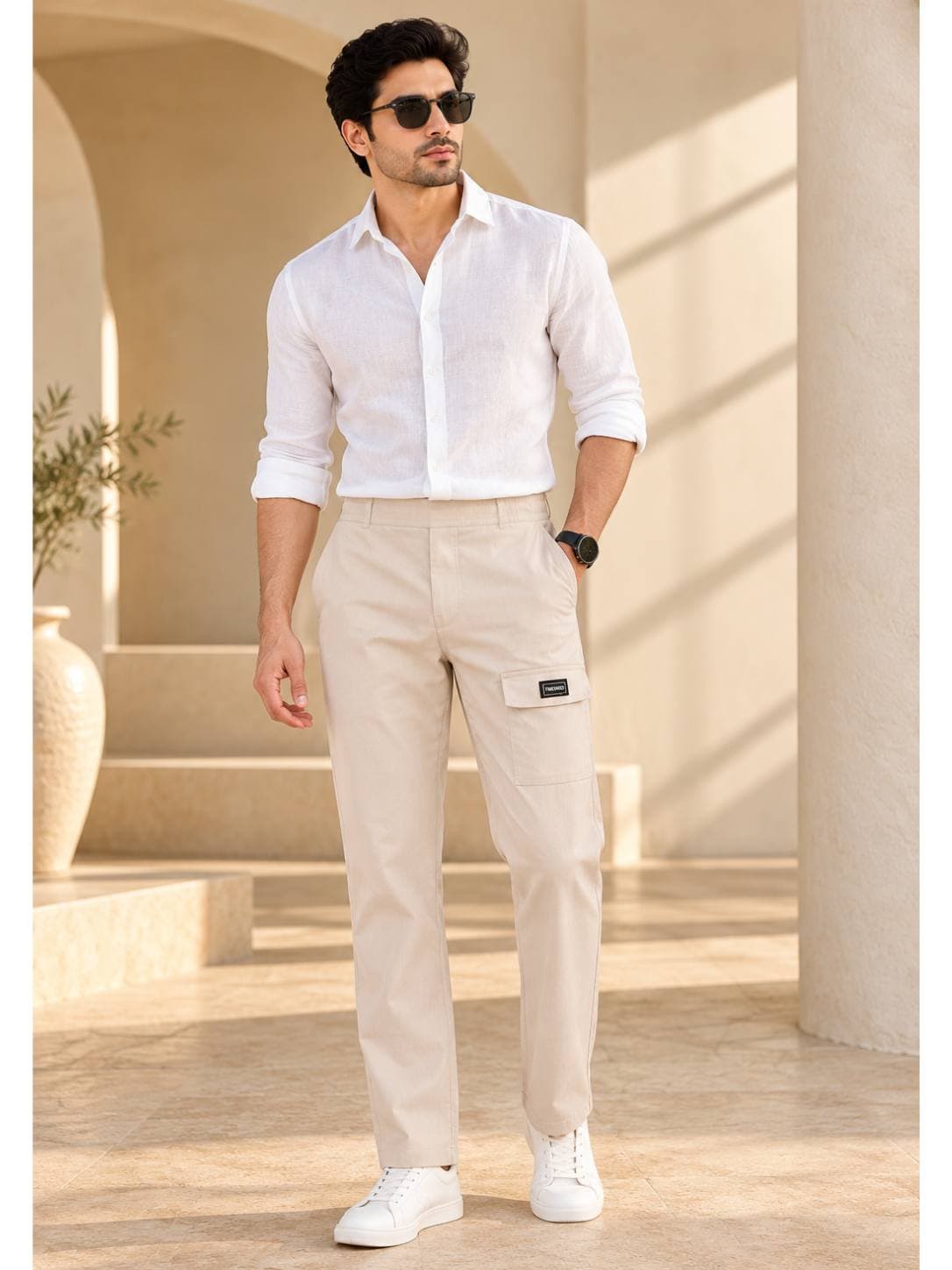 MoonLight Cream Cotton Lycra Men Cargos