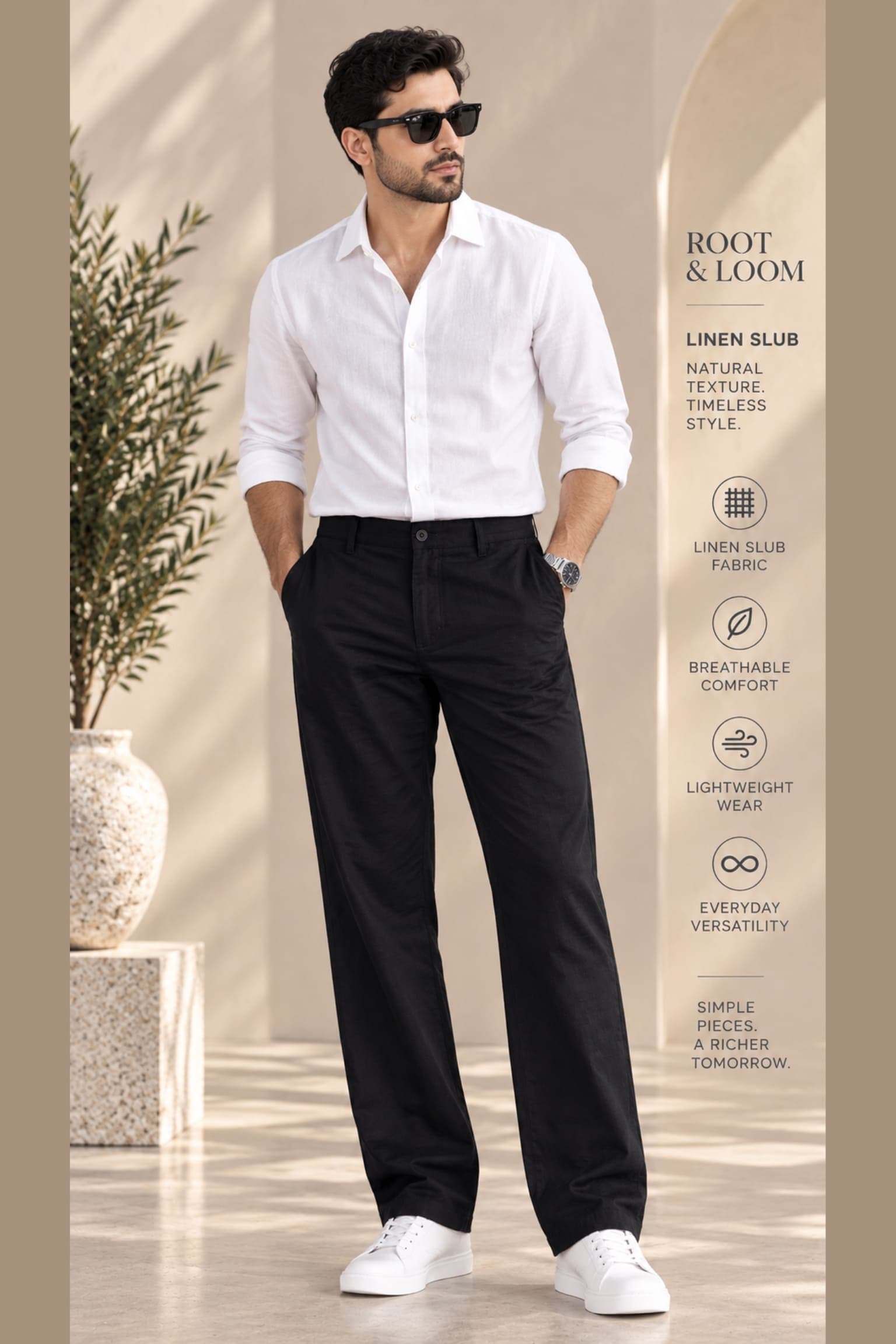 Men Relaxed Black Pure Linen Trousers