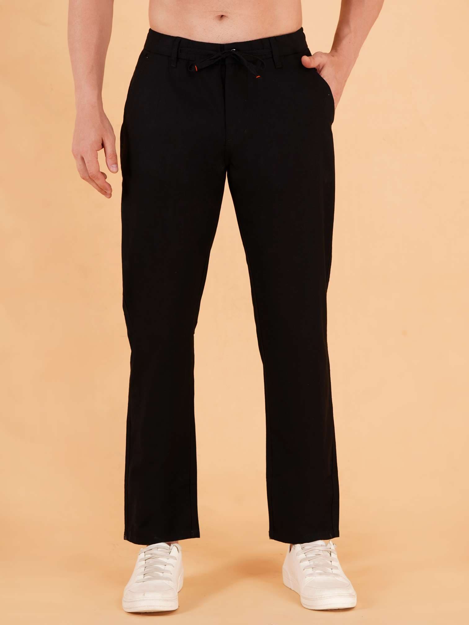 Men Regular Fit Black Pure Cotton Trousers