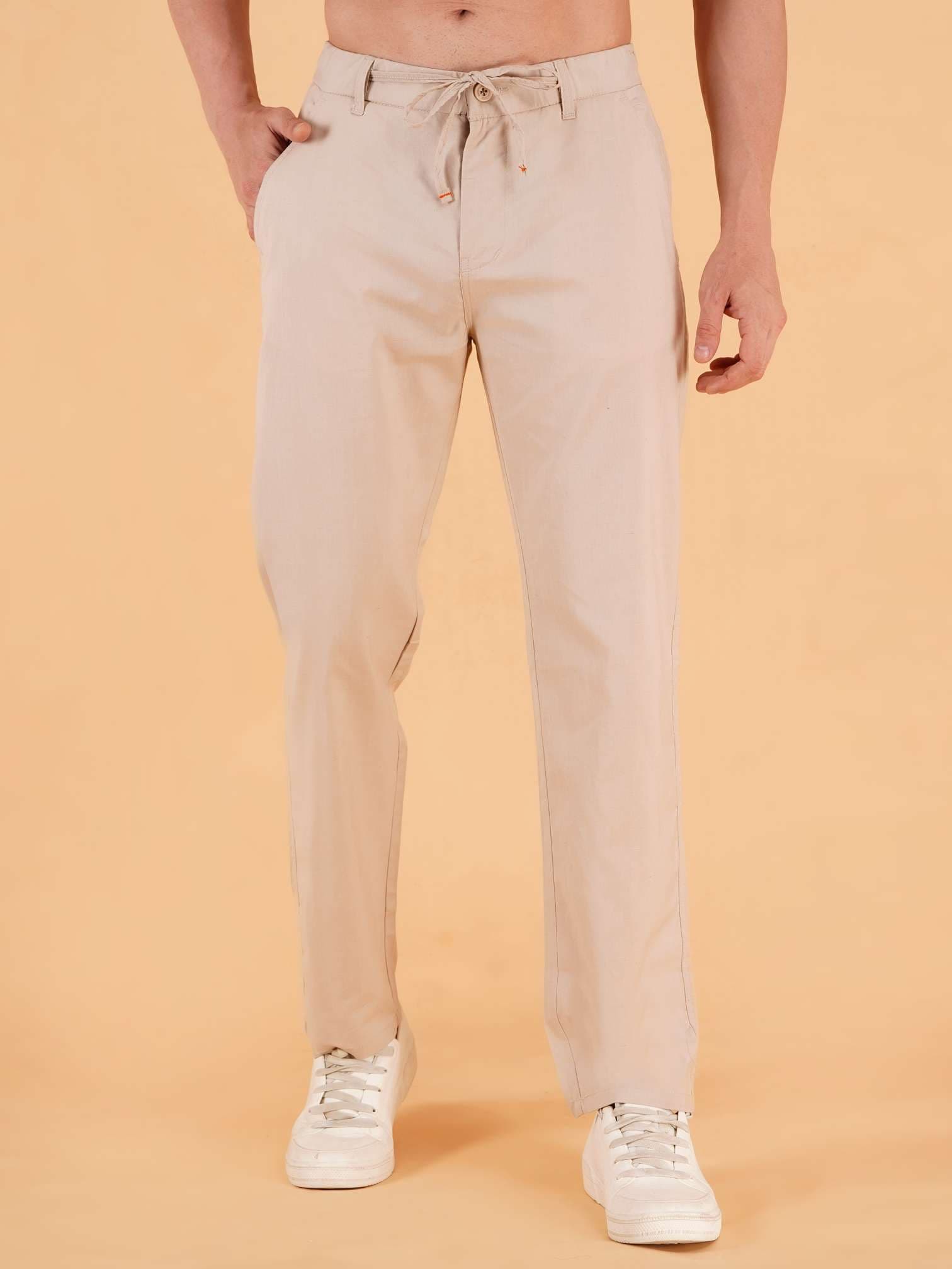 Men Regular Fit Khaki Pure Cotton Trousers