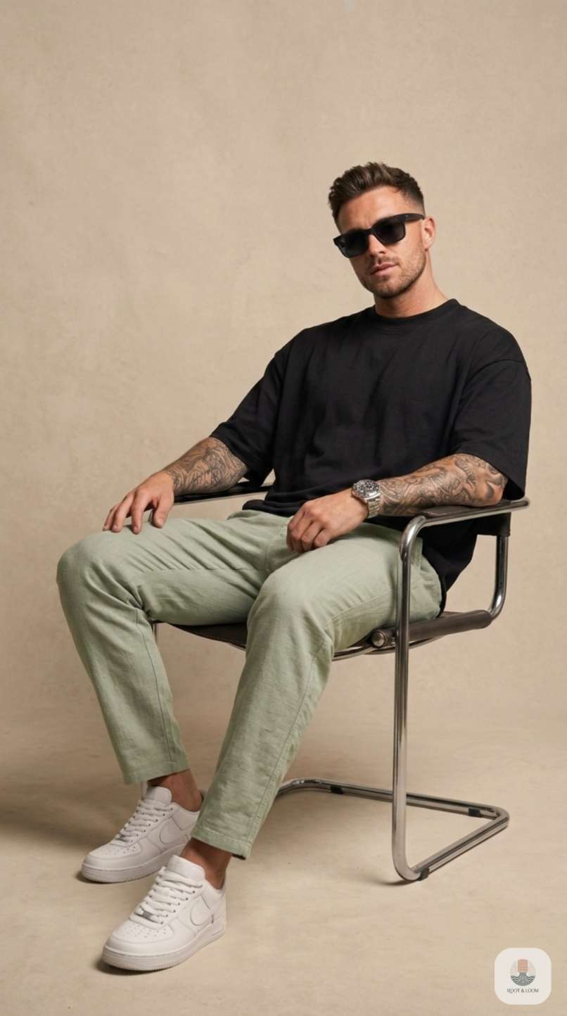 Men Relaxed Light Green Pure Linen Trousers